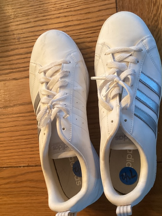 adidas Shoes - adidas White Sneakers with Silver Three Stripes